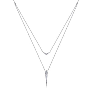 14K White Gold Layered Pave Diamond Bar and Spike Pendant Necklace