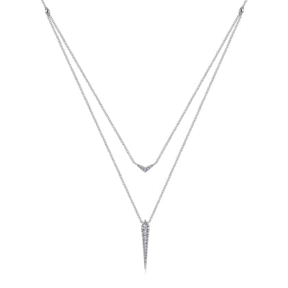 14K White Gold Layered Pave Diamond Bar and Spike Pendant Necklace