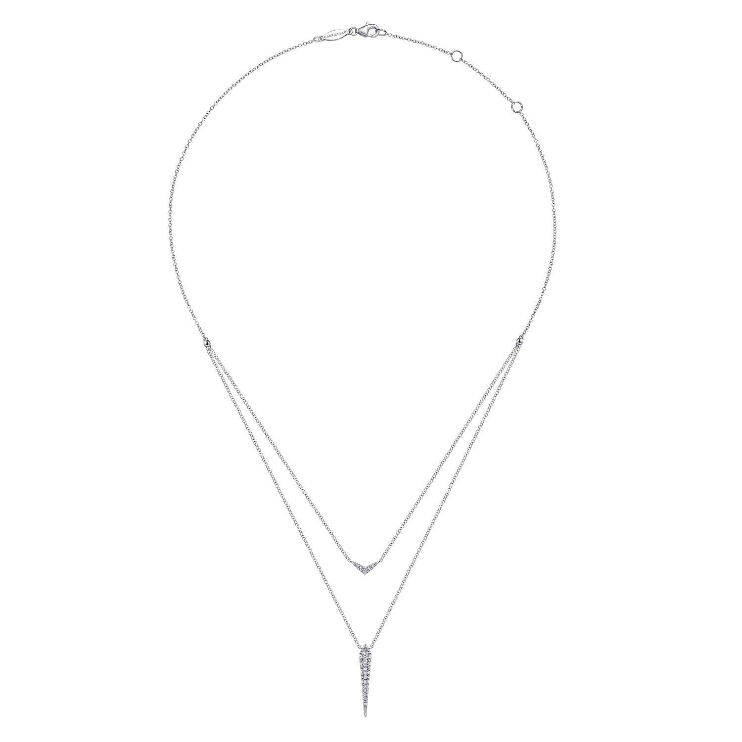 14K White Gold Layered Pave Diamond Bar and Spike Pendant Necklace
