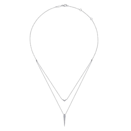 14K White Gold Layered Pave Diamond Bar and Spike Pendant Necklace
