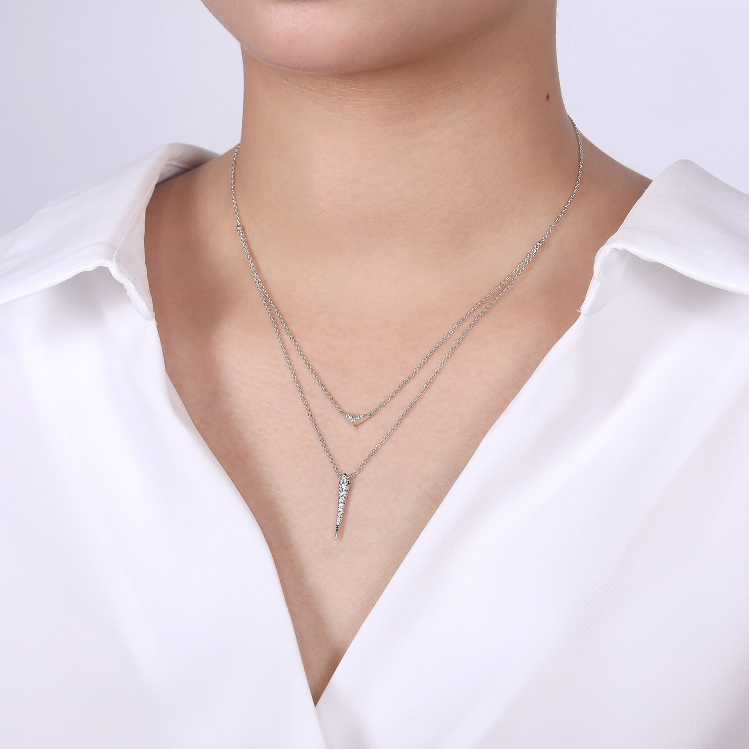 14K White Gold Layered Pave Diamond Bar and Spike Pendant Necklace