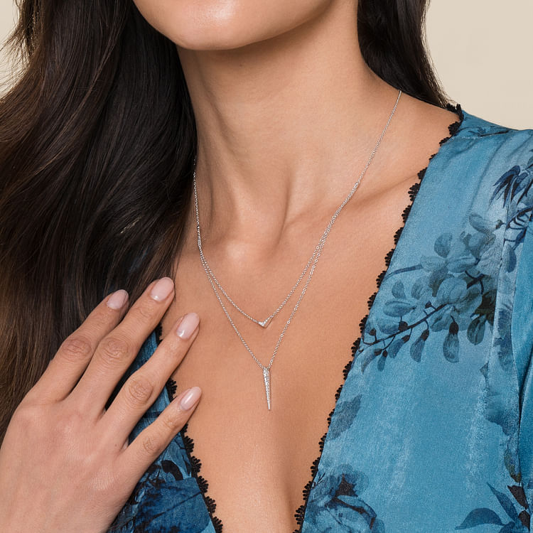 14K White Gold Layered Pave Diamond Bar and Spike Pendant Necklace