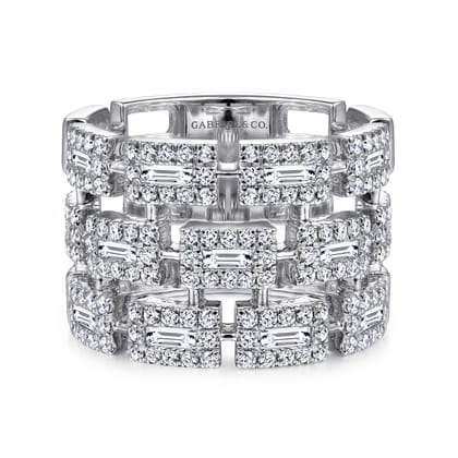 14K White Gold Layered Wide Band Diamond Ring