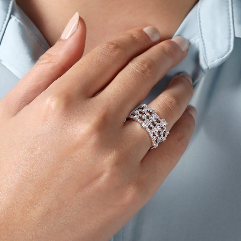 14K White Gold Layered Wide Band Diamond Ring - 1.1 ct - Shot 5