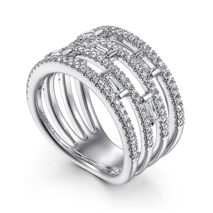 14K White Gold Layered Wide Band Diamond Ring