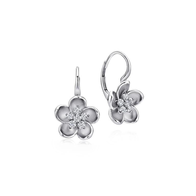 14K White Gold Leverback Flower Earrings with Diamond Center - 0.3 ct - Shot 1