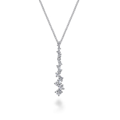 14K White Gold Linear Diamond Cluster Drop Pendant Necklace