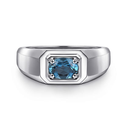 14K White Gold London Blue Topaz Mens Ring