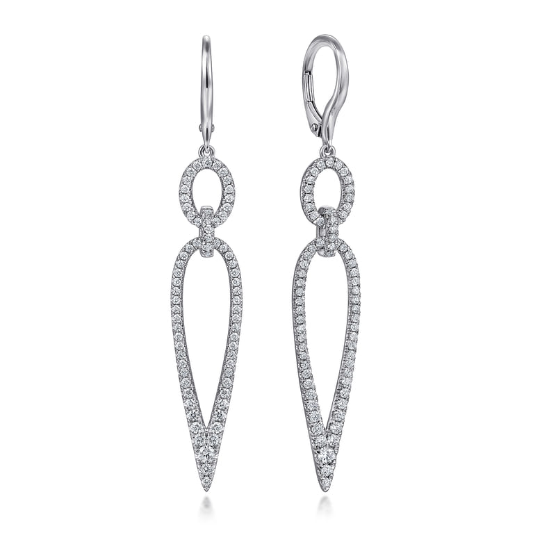 14K White Gold Long Diamond Teardrop Earrings - 1 ct - Shot 1