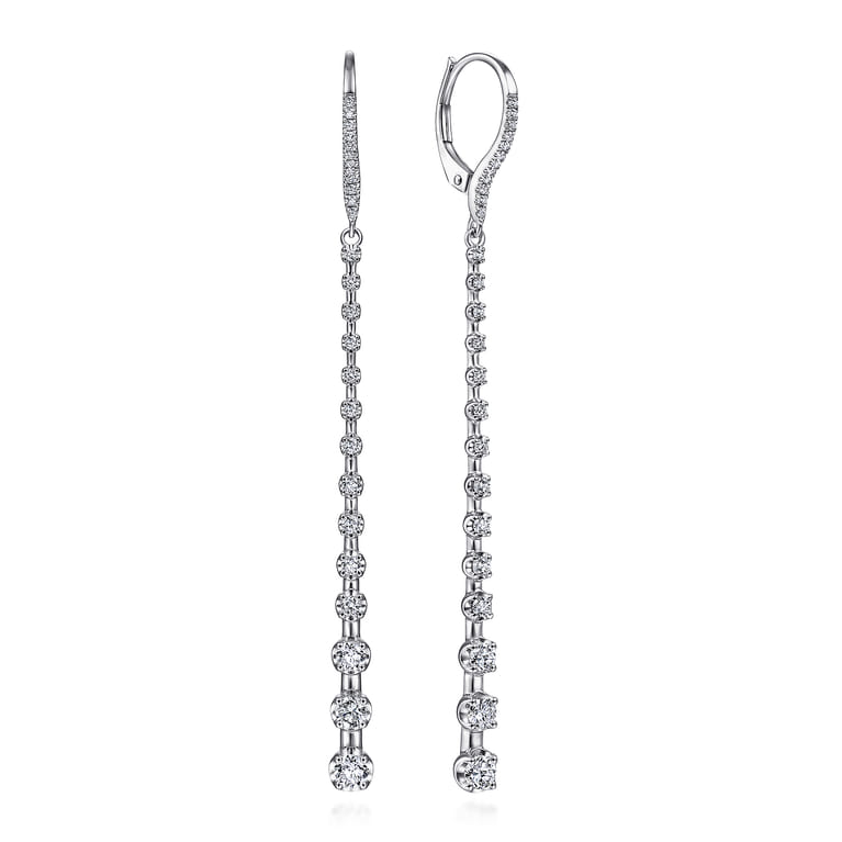 14K White Gold Long Graduating Diamond Bar Earrings - 0.85 ct - Shot 1