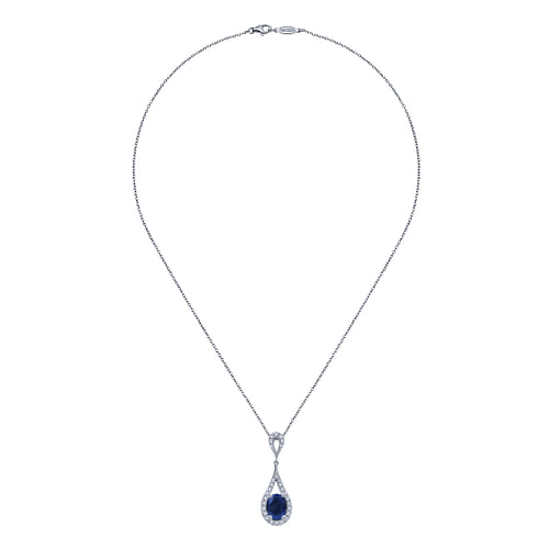14K White Gold Long Oval Sapphire and Diamond Pendant Necklace - 0.19 ct - Shot 2