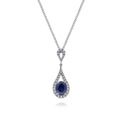 14K White Gold Long Oval Sapphire and Diamond Teardrop Pendant Necklace