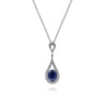 14K White Gold Long Oval Sapphire and Diamond Teardrop Pendant Necklace - 0.19 ct
