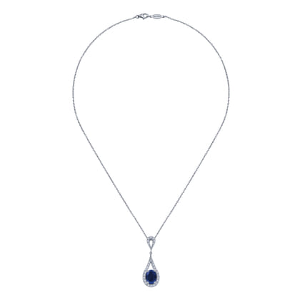 14K White Gold Long Oval Sapphire and Diamond Teardrop Pendant Necklace