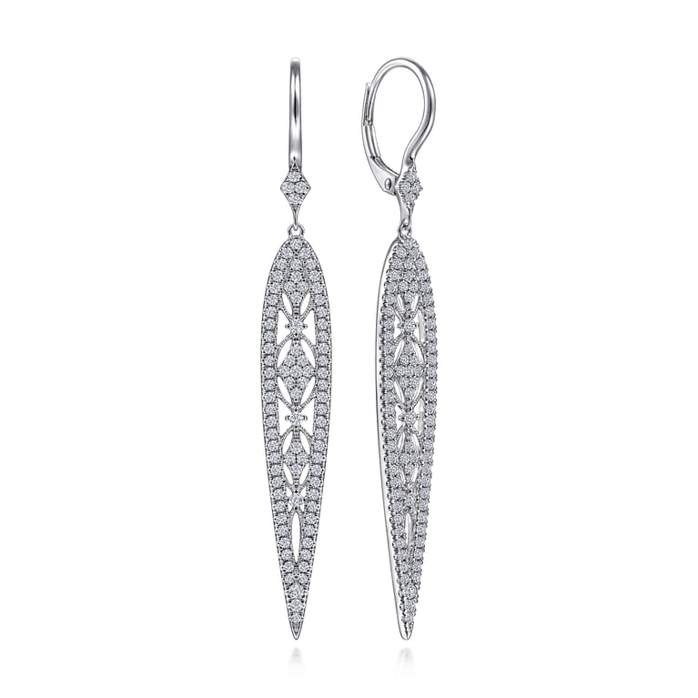 14K White Gold Long Teardrop Diamond Earrings - 0.9 ct - Shot 1
