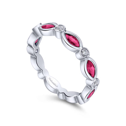 14K White Gold Marquise Ruby and Round Diamond Stackable Ring