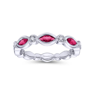 14K White Gold Marquise Ruby and Round Diamond Stackable Ring