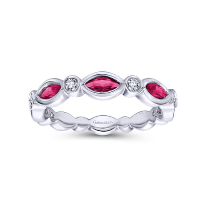 14K White Gold Marquise Ruby and Round Diamond Stackable Ring