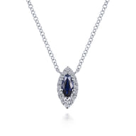 14K White Gold Marquise Sapphire and Diamond Halo Pendant Necklace