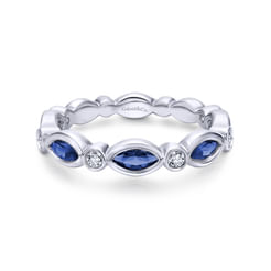 14K White Gold Marquise Sapphire and Round Diamond Stackable Ring