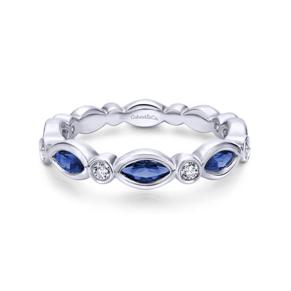 14K White Gold Marquise Sapphire and Round Diamond Stackable Ring