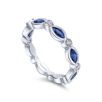 14K White Gold Marquise Sapphire and Round Diamond Stackable Ring