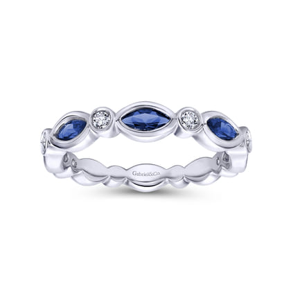 14K White Gold Marquise Sapphire and Round Diamond Stackable Ring