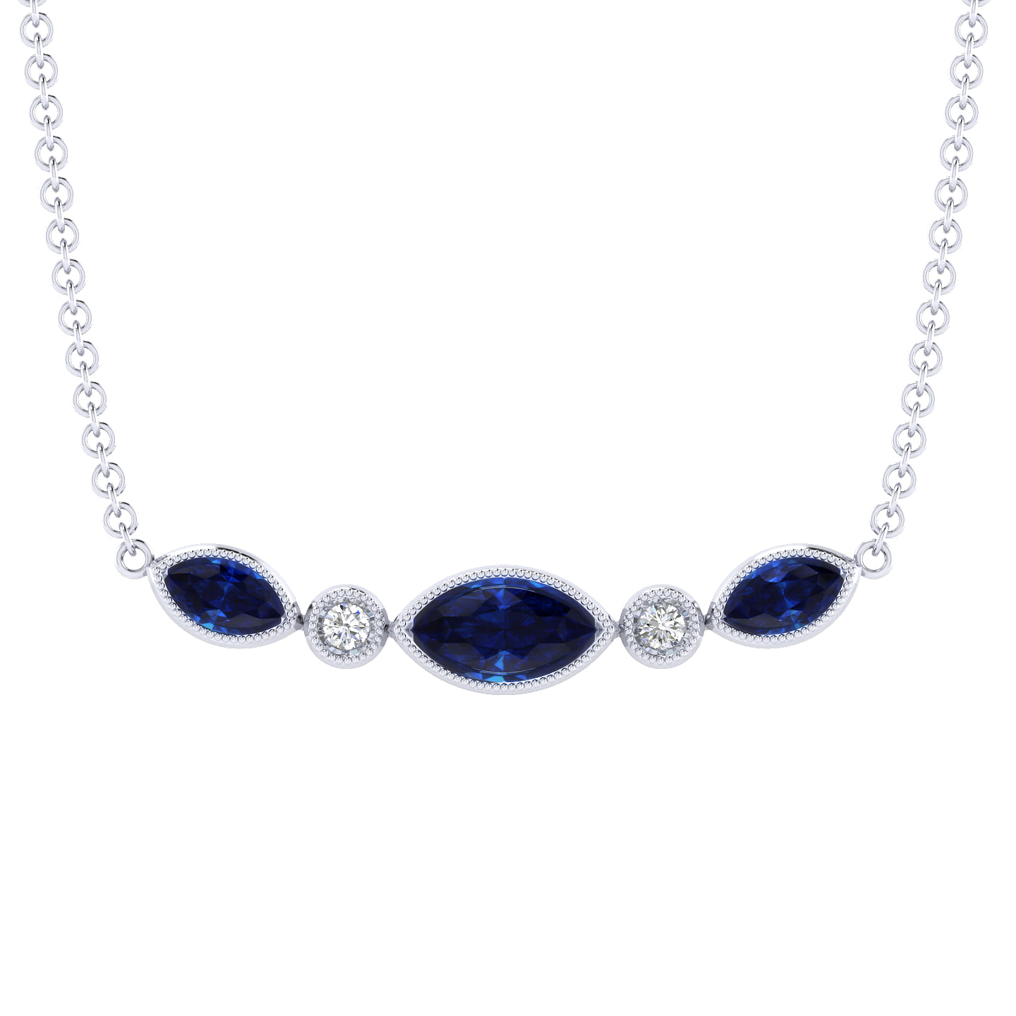 14K White Gold Marquise Shape Sapphire and Bezel Set Diamond Bar Necklace - 0.04 ct - Shot 1