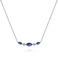 14K White Gold Marquise Shape Sapphire and Bezel Set Diamond Bar Necklace