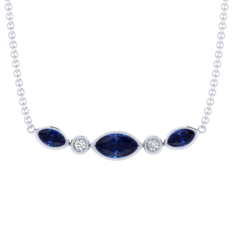 14K White Gold Marquise Shape Sapphire and Bezel Set Diamond Bar Necklace - 0.04 ct - Shot 1