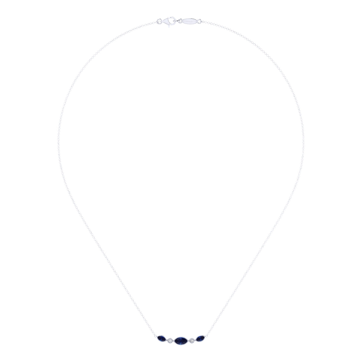 14K White Gold Marquise Shape Sapphire and Bezel Set Diamond Bar Necklace - 0.04 ct - Shot 2