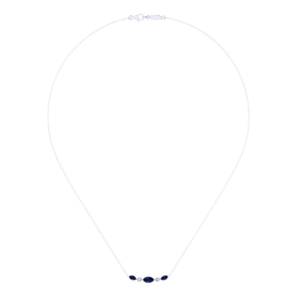 14K White Gold Marquise Shape Sapphire and Bezel Set Diamond Bar Necklace