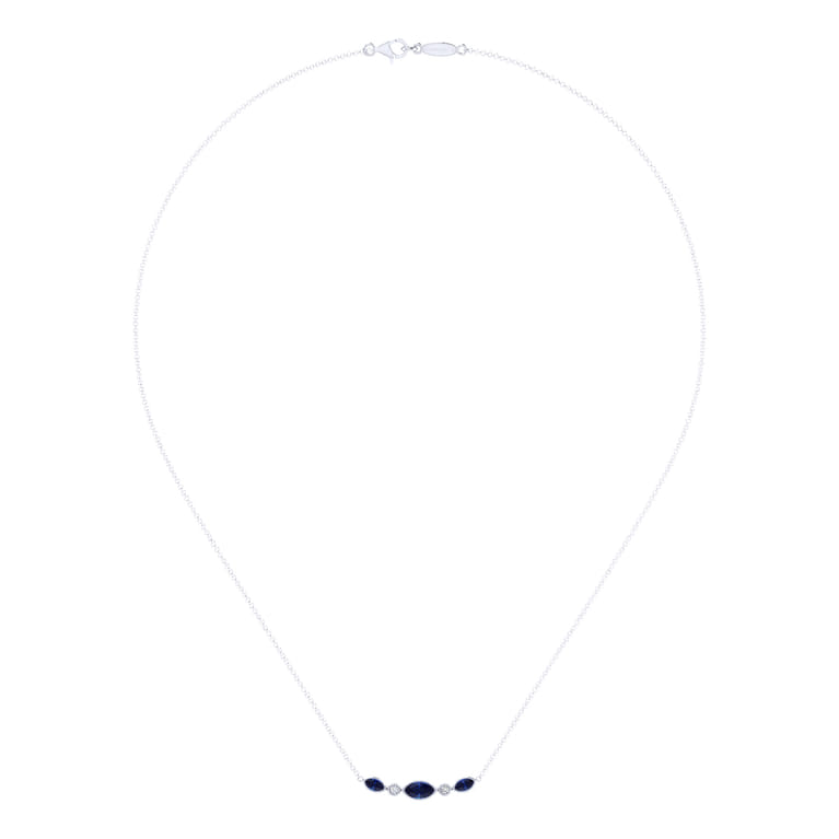 14K White Gold Marquise Shape Sapphire and Bezel Set Diamond Bar Necklace - 0.04 ct - Shot 2
