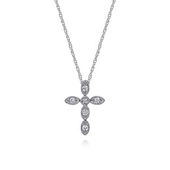 14K White Gold Marquise Shaped Diamond Cross Necklace
