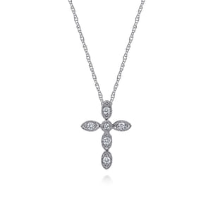 14K White Gold Marquise Shaped Diamond Cross Necklace