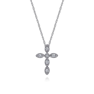 14K White Gold Marquise Shaped Diamond Cross Necklace