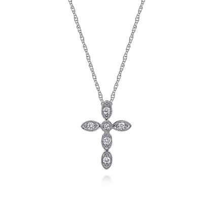 14K White Gold Marquise Shaped Diamond Cross Necklace