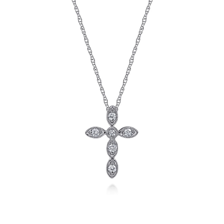 14K White Gold Marquise Shaped Diamond Cross Necklace - 0.09 ct - Shot 1