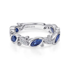 14K White Gold Marquise Station Sapphire and Diamond Ring