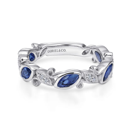 14K White Gold Marquise Station Sapphire and Diamond Ring