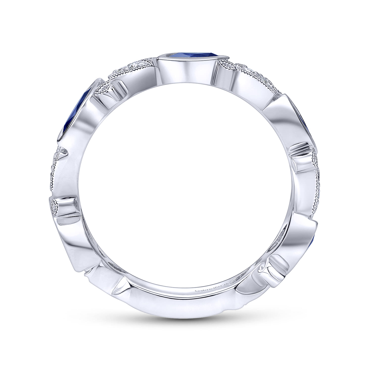 14K White Gold Marquise Station Sapphire and Diamond Ring - 0.08 ct - Shot 2