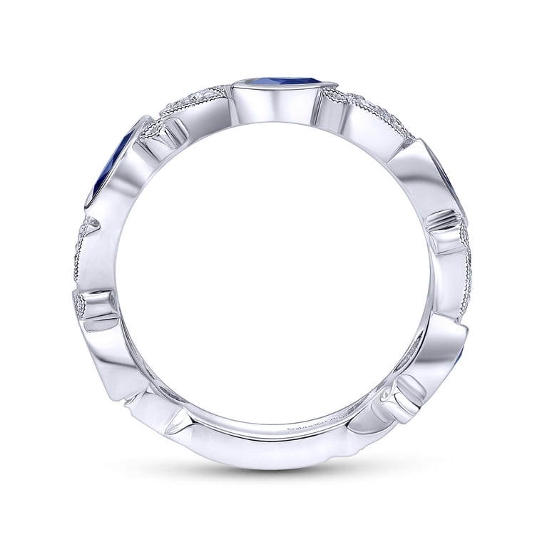 14K White Gold Marquise Station Sapphire and Diamond Ring - 0.08 ct - Shot 2