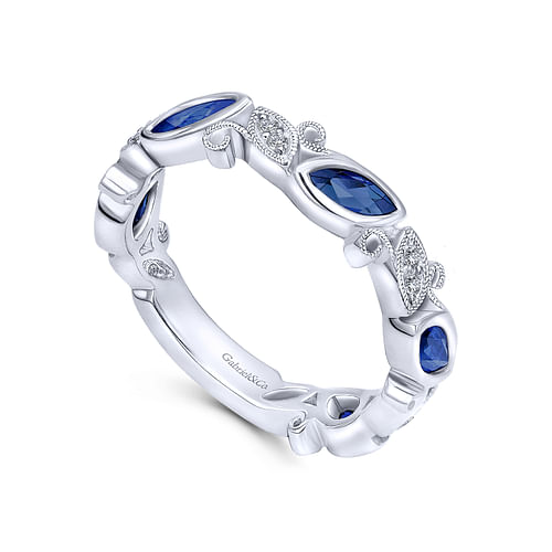 14K White Gold Marquise Station Sapphire and Diamond Ring - 0.08 ct - Shot 3