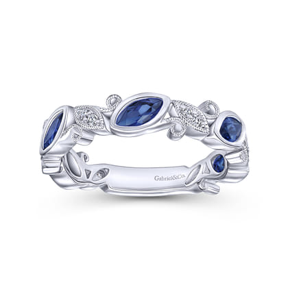 14K White Gold Marquise Station Sapphire and Diamond Ring