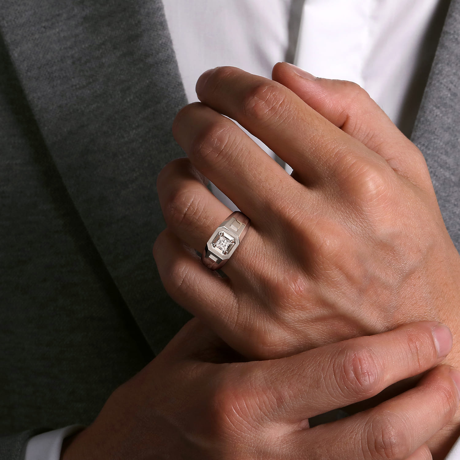 14K White Gold Mens Engagement Ring in High Polish Finish