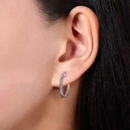 14K White Gold Micro Pave 15mm Round Inside Out Diamond Hoop Earrings
