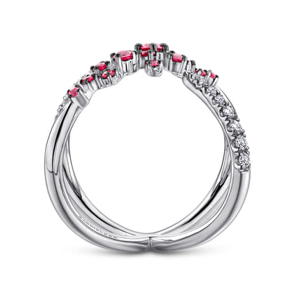 14K White Gold Modern Scattered Ruby and Diamond Open Ring