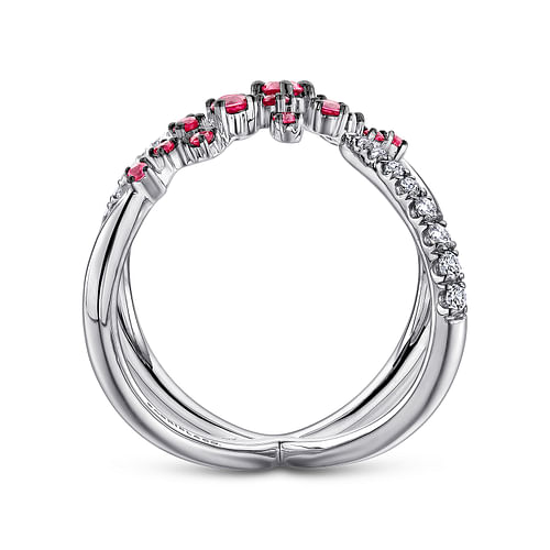 14K White Gold Modern Scattered Ruby and Diamond Open Ring - 0.2 ct - Shot 2