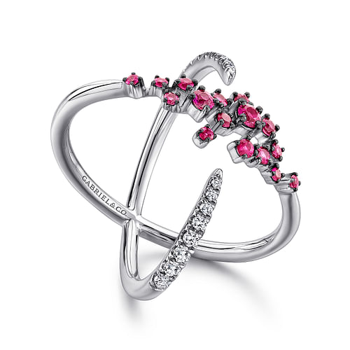 14K White Gold Modern Scattered Ruby and Diamond Open Ring - 0.2 ct - Shot 3