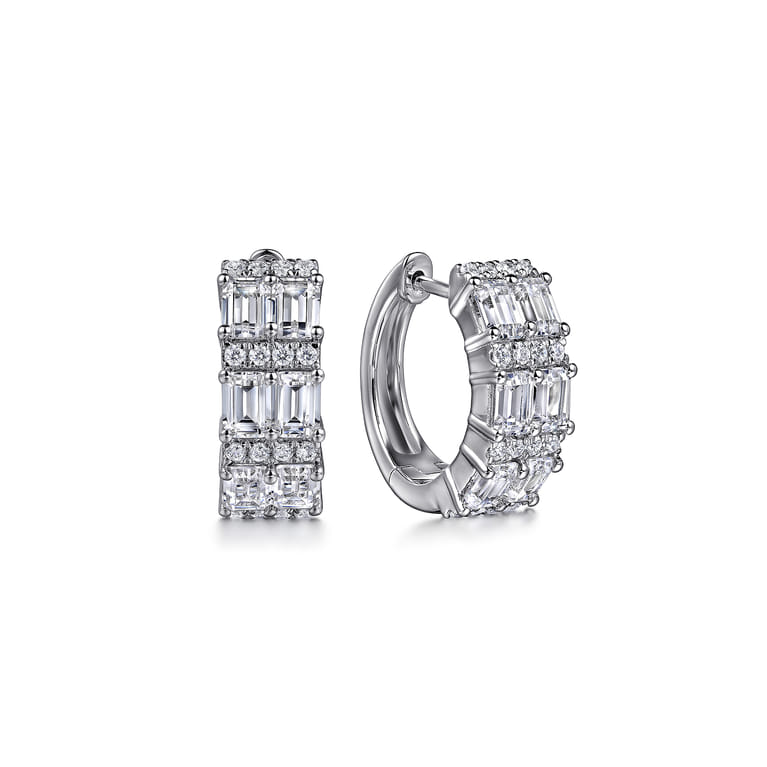 14K White Gold Multi Row Diamond Huggie Earrings - 2.15 ct - Shot 1